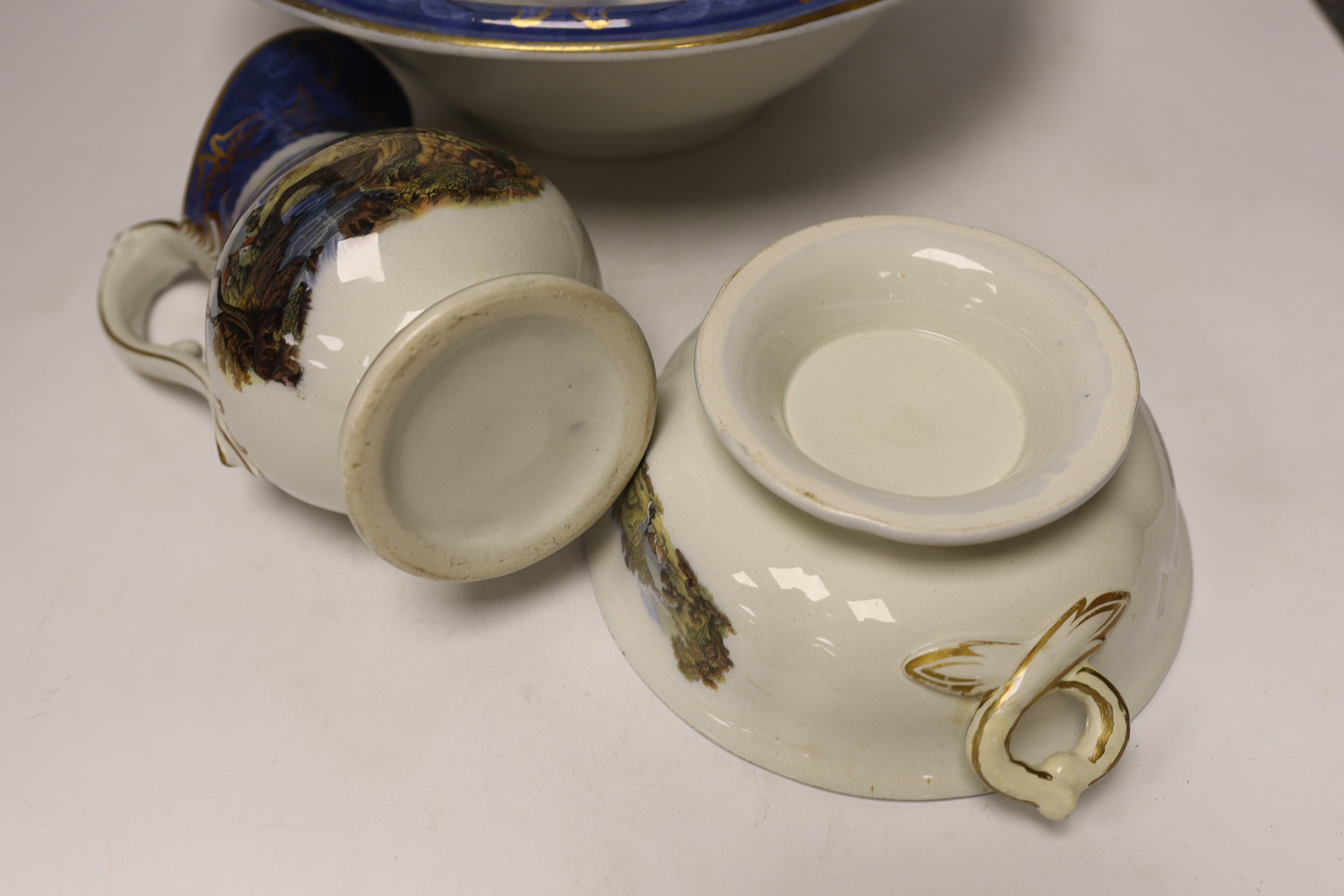 A Victorian F & R Pratt toilet set, comprising a basin, jug and shaving bowl, jug 22.5cm